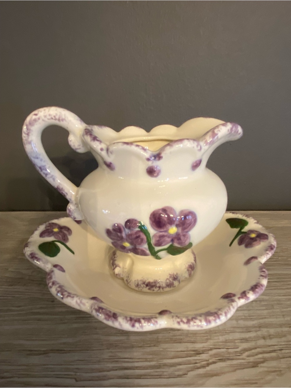 Mini Decorative Wash Basin &  Bowl Set With Purple Florals Vintage Mid-century